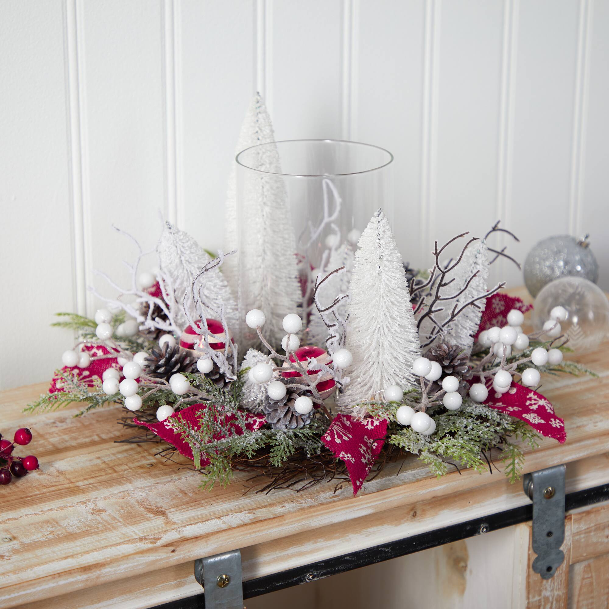 15" Christmas Lighted Forest Candle Holder Arrangement